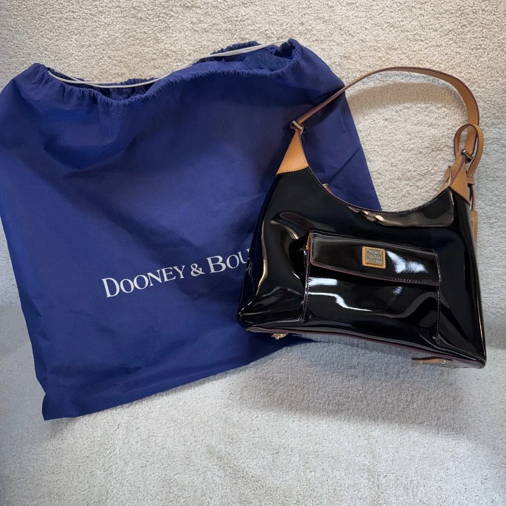 NWT Dooney‎ & Bourke Black Patent Leather Hobo Style Bag Tan Trim Gold Hardware